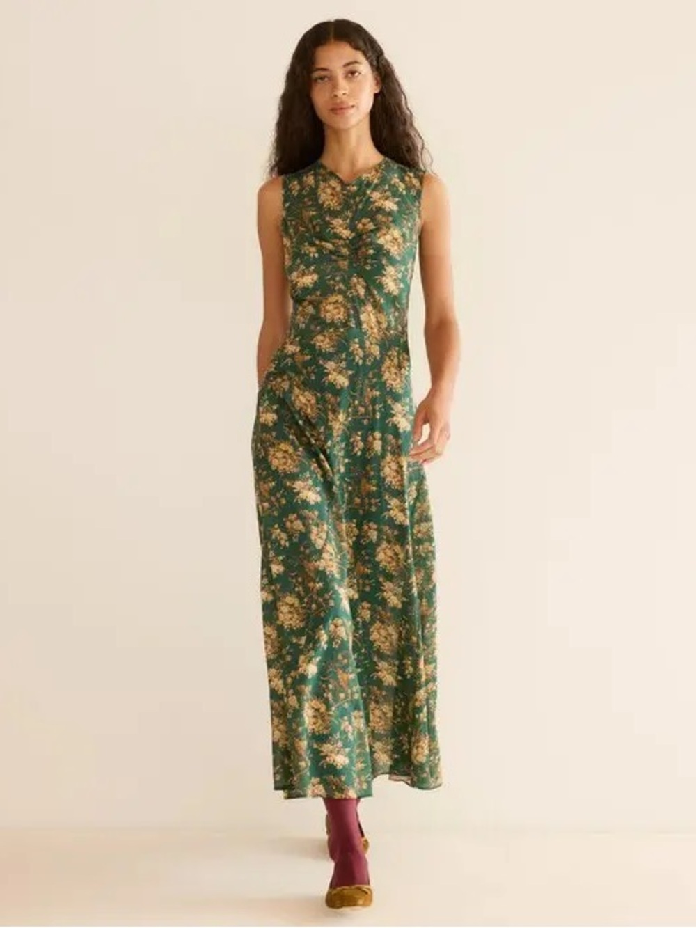 Doen Emerald Green Maxi Dress with Gold Floral Print